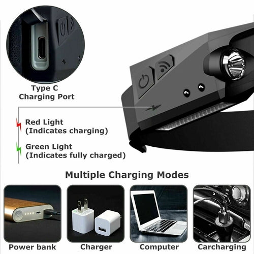 COB LED Headlamp USB Rechargeable Headlight Torch Work Light Bar