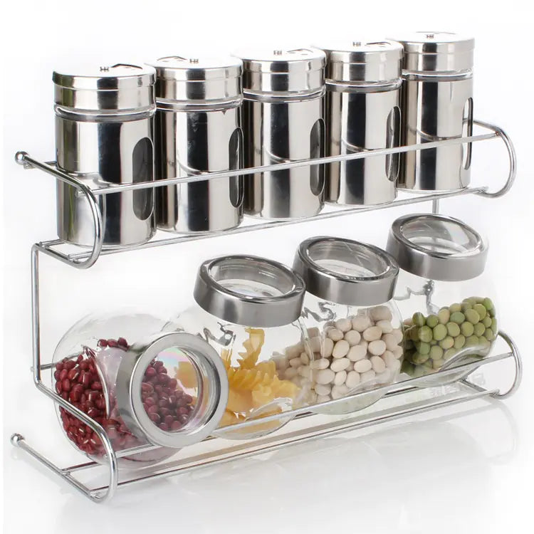 Glass Spice Jar Set with Storage Rack (10 Pieces)