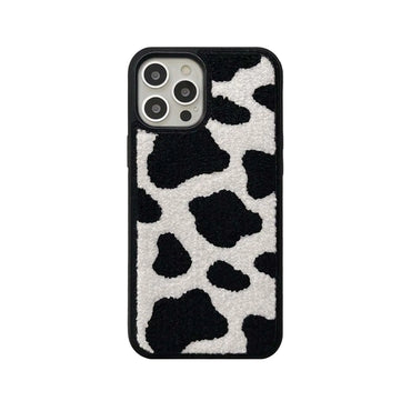 Black & White Dairy Cattle Cow Print Phone Case Compatible with iPhone 15 Pro Max,Cute Embroidery Winter Warm Fur Carpet Case,Soft Fluffy Case for iPhone 15 Pro Max 6.7'' 2023(Cow)