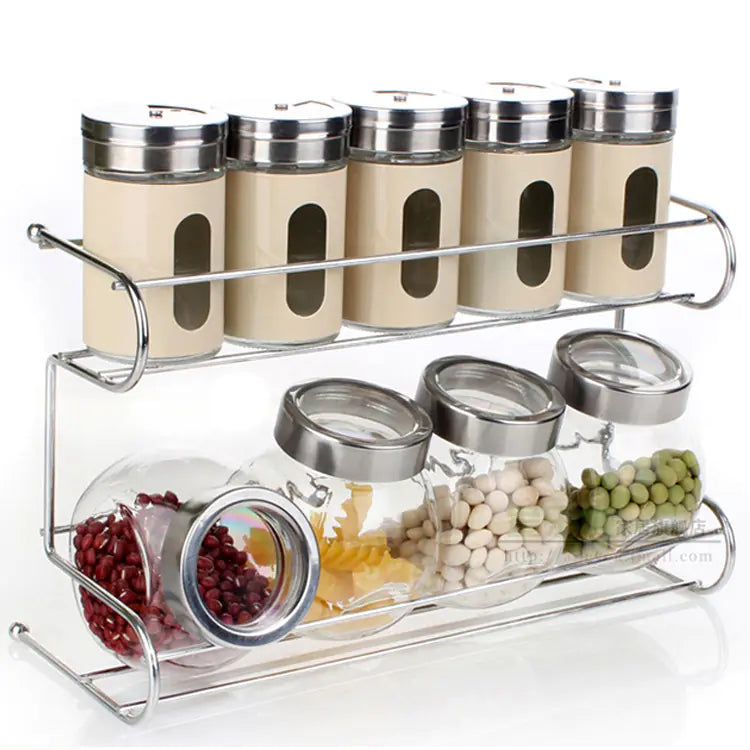 Glass Spice Jar Set with Storage Rack (10 Pieces)