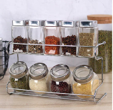 Glass Spice Jar Set with Storage Rack (10 Pieces)