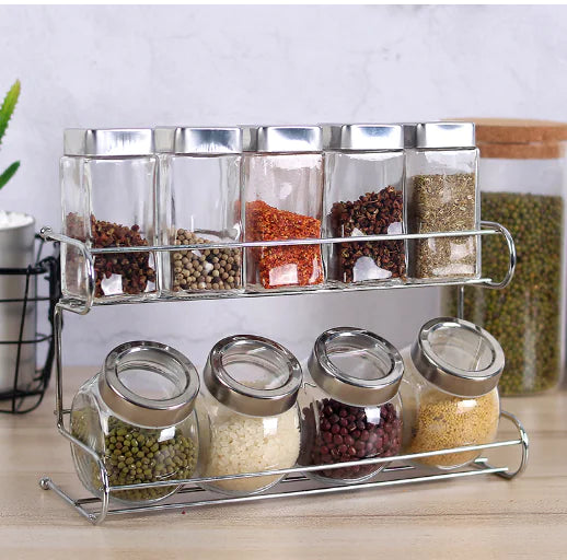 Glass Spice Jar Set with Storage Rack (10 Pieces)