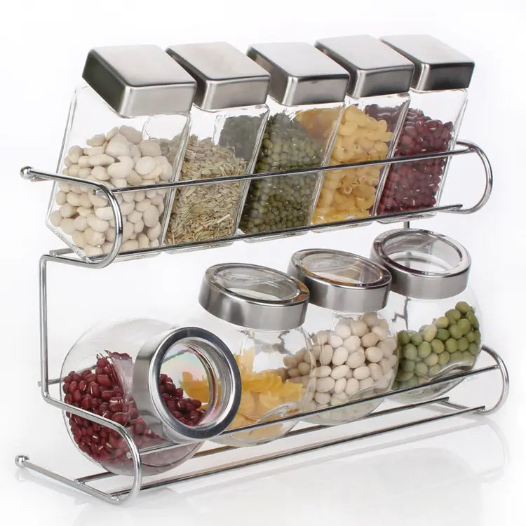 Glass Spice Jar Set with Storage Rack (10 Pieces)